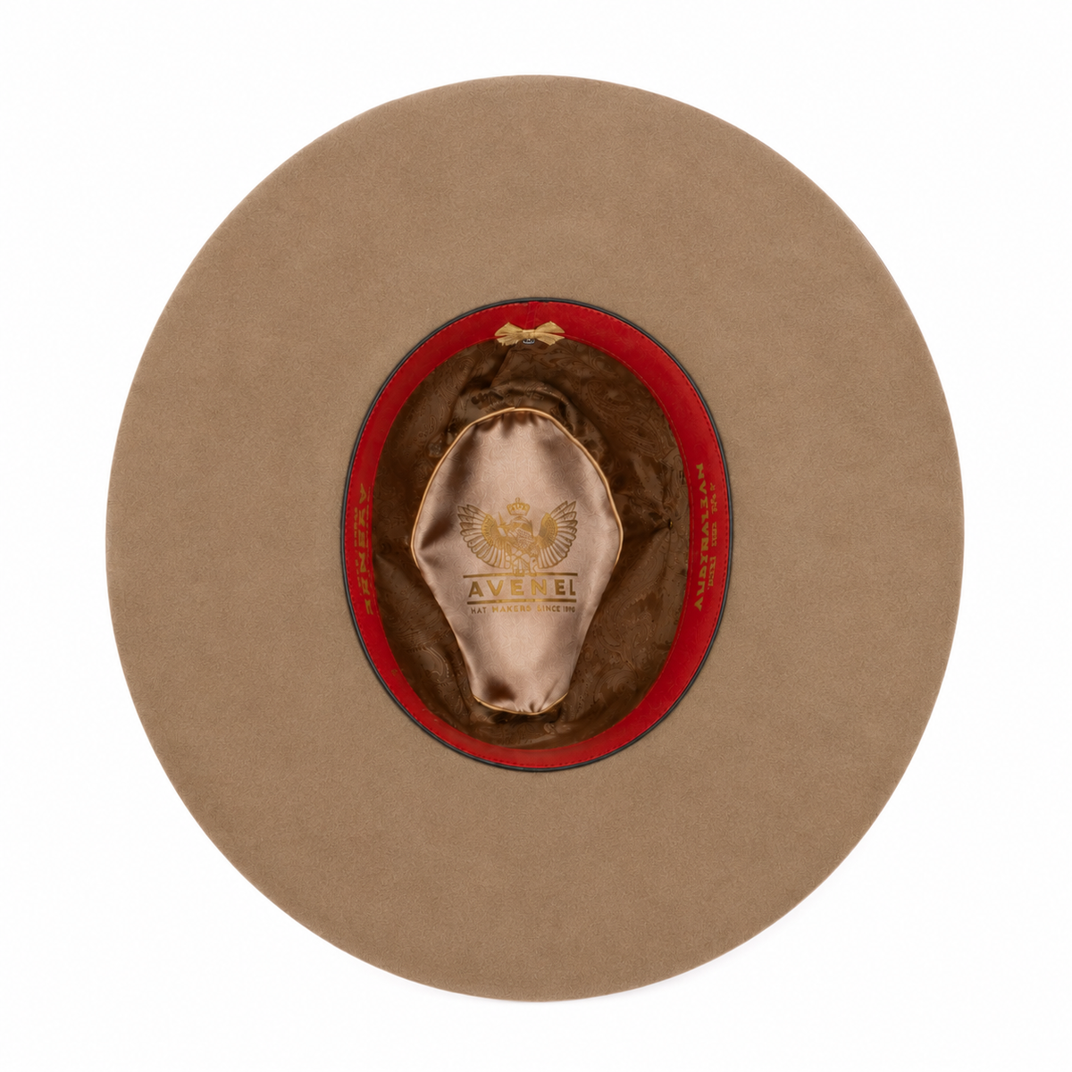 An inner view of a donkey coloured cowboy style Avenel The Overflow Western Hat (22100) with a braided brown band on a white background.