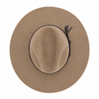 A top view of a donkey coloured cowboy style Avenel The Overflow Western Hat (22100) with a braided brown band on a white background.
