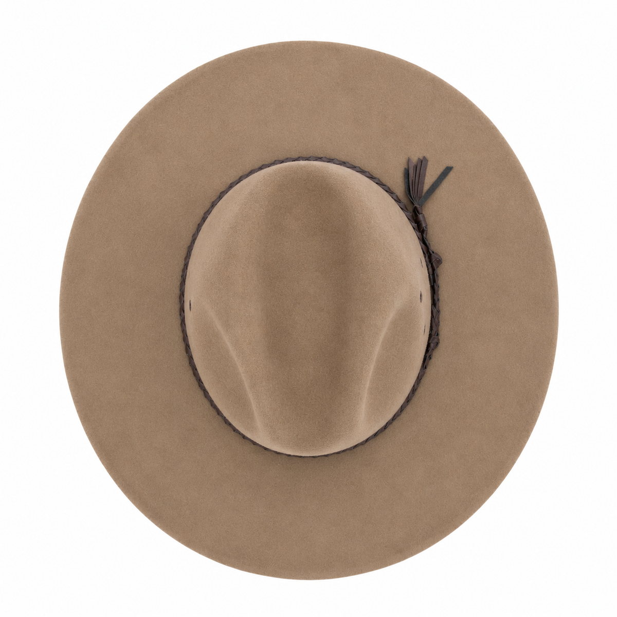 A top view of a donkey coloured cowboy style Avenel The Overflow Western Hat (22100) with a braided brown band on a white background.