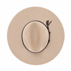 A top down view of a grain coloured cowboy style Avenel Hats The Overflow Western Hat (22100) with a brown plaited band on a white background.