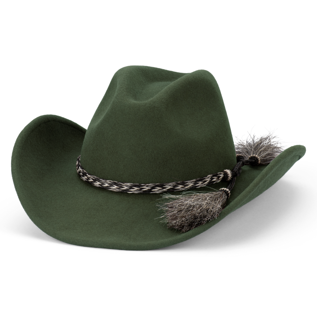 A 3-4 front view of an olive green Avenel Hats Children's The Wrangler Hat (91063) with a braided band on a white background.