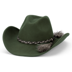 A 3-4 front view of an olive green Avenel Hats Children's The Wrangler Hat (91063) with a braided band on a white background.