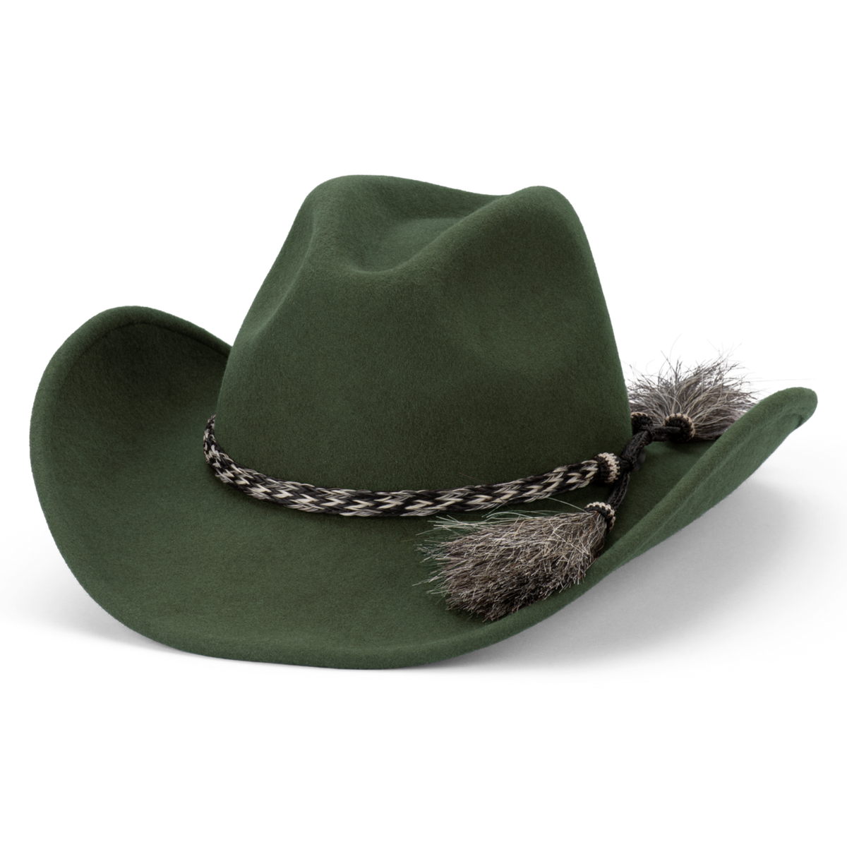 A 3-4 front view of an olive green Avenel Hats Children's The Wrangler Hat (91063) with a braided band on a white background.