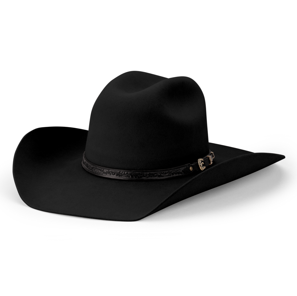 A black Avenel Hats The Reiner - 7X Mexican Western Hat (22158) Bitumen with a textured dark band and a small silver buckle, shown on a clean white background.