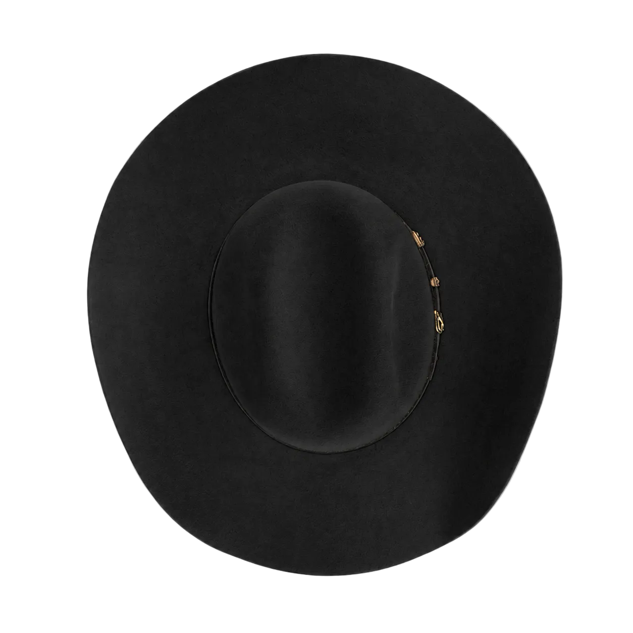 A black wide-brimmed Avenel Hats The Reiner - 7X Mexican Western Hat (22158) Bitumen shown from a top-down view on a white background.