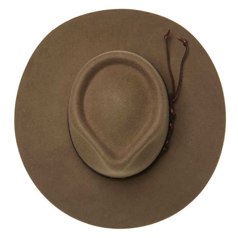 A top view of a wide-brimmed Statesman Big Australian Wool Felt Hat (S0116579) in the colour Riverstone, featuring a dark brown leather band with lacing, shown against a plain white background.