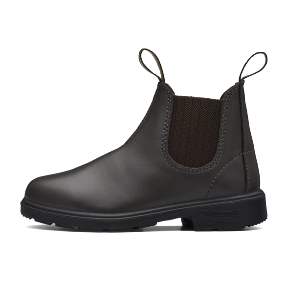 The Blundstone Childrens 630 Elastic Sided Boots (630) Brown feature water-resistant dark brown leather, elastic side panels, pull tabs front and back, and a black rubber sole—shown in side profile on a white background.