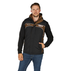 A man wears the Bullzye Mens Bazooka Vest (B6W1604039) in Black/Dark Tan with white accents and blue jeans, standing facing forward with one hand in his pocket and the other relaxed by his side.