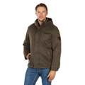 A man wearing a Bullzye Mens Canon Jacket (B6W1704514) in Rustic Mulch and blue jeans stands with one hand in his pocket, looking at the camera against a white background.