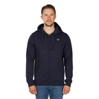 A man wearing the Bullzye Mens Hardy Zip Up Hoodie (B6W1710501) in navy and blue jeans stands facing forward against a plain white background.