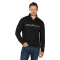 A man wearing a Bullzye Mens Logo 1/4 Zip Pullover (B6W1517504) in black stands with one hand in his jeans pocket against a white background.