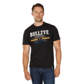 A man in blue jeans and a Bullzye Mens Trademark S/S Tee (B6W1503509) Black stands facing forward against a white background.
