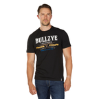 A man in blue jeans and a Bullzye Mens Trademark S/S Tee (B6W1503509) Black stands facing forward against a white background.