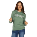 A woman with long brown hair wears the Bullzye Womens Rhea Hoodie (B6W2505533) Moss and blue jeans. She stands against a white background, holding the hoodie’s drawstrings and looking at the camera.