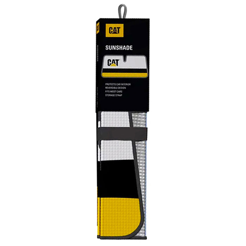 A packaged CAT Front Universal Classic Double Bubble Stripes Sunshade (WSCAT22-LOG) with Caterpillar logo and stripes on a white background.