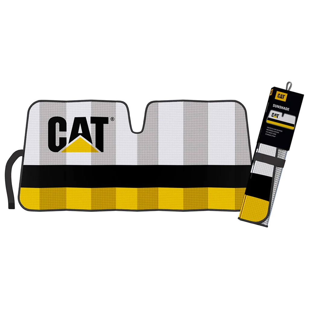 An open CAT Front Universal Classic Double Bubble Stripes Sunshade (WSCAT22-LOG) with Caterpillar logo and stripes pictured next to a packaged one, on a white background.