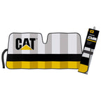 An open CAT Front Universal Classic Double Bubble Stripes Sunshade (WSCAT22-LOG) with Caterpillar logo and stripes pictured next to a packaged one, on a white background.