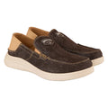The Ringers Western Unisex Cruiza Slip On Shoes (125088RW) feature dark brown uppers, beige stitching, light tan heel accents, white rubber soles, and a printed text design on top for casual style.