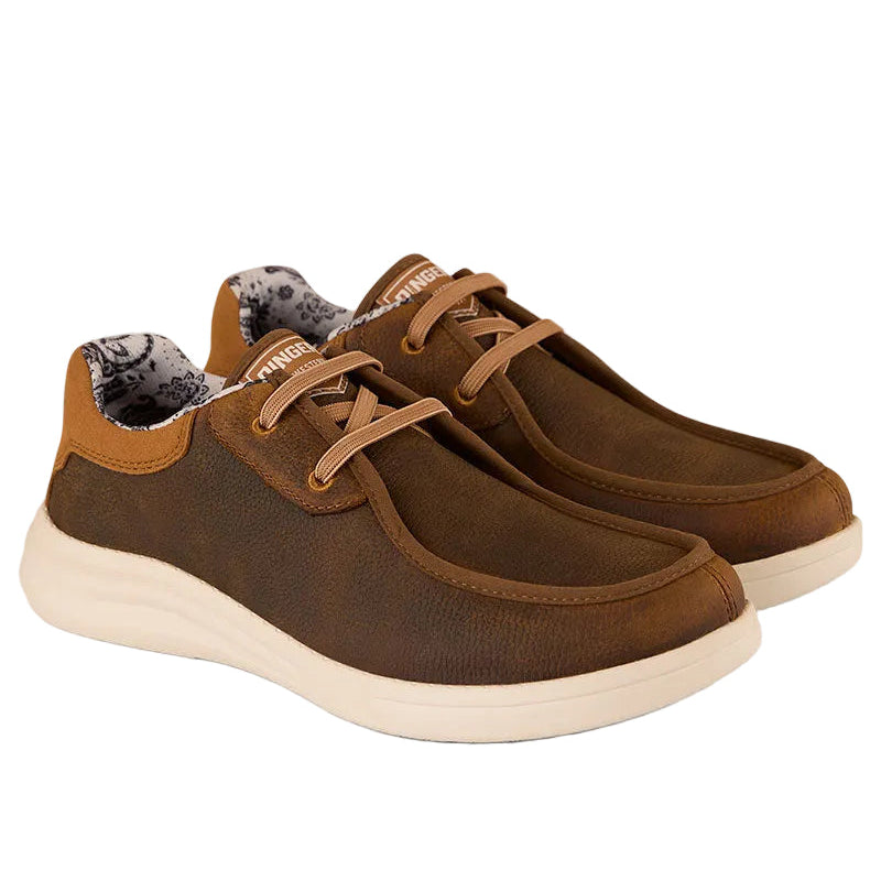 The Ringers Western Unisex Cruiza Leather Lace Up Shoes (125118RW) in brown feature white soles and a patterned inner lining, and are shown on a white background.
