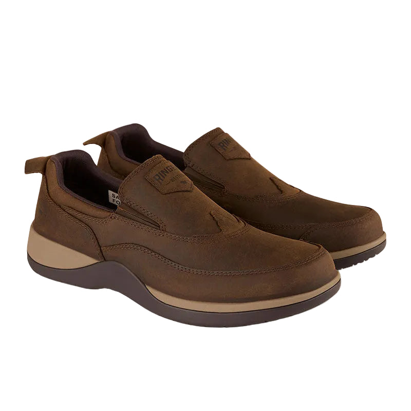 The Ringers Western Unisex Master Utility Slip On Shoes in brown feature black soles, beige accents, heel pull tab, and visible stitching—perfect durable work shoes with slip-resistant comfort for all-day wear.