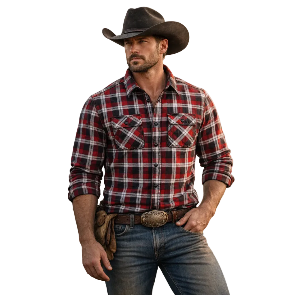 A man in a black cowboy hat, blue jeans, large belt buckle, and Ritemate Mens Pilbara Open Front L/S Flannelette Shirt (RM123FOF) in Red/Charcoal/White stands with one hand on his hip and leather gloves tucked into his belt.