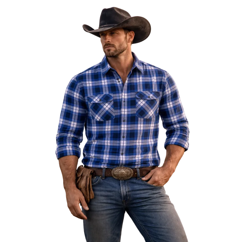 A man wears a Ritemate Mens Pilbara Open Front L/S Flannelette Shirt (RM123FOF) Royal/Navy/White, black cowboy hat, blue jeans, and a western belt with large buckle, standing with one hand on his belt and the other holding gloves.