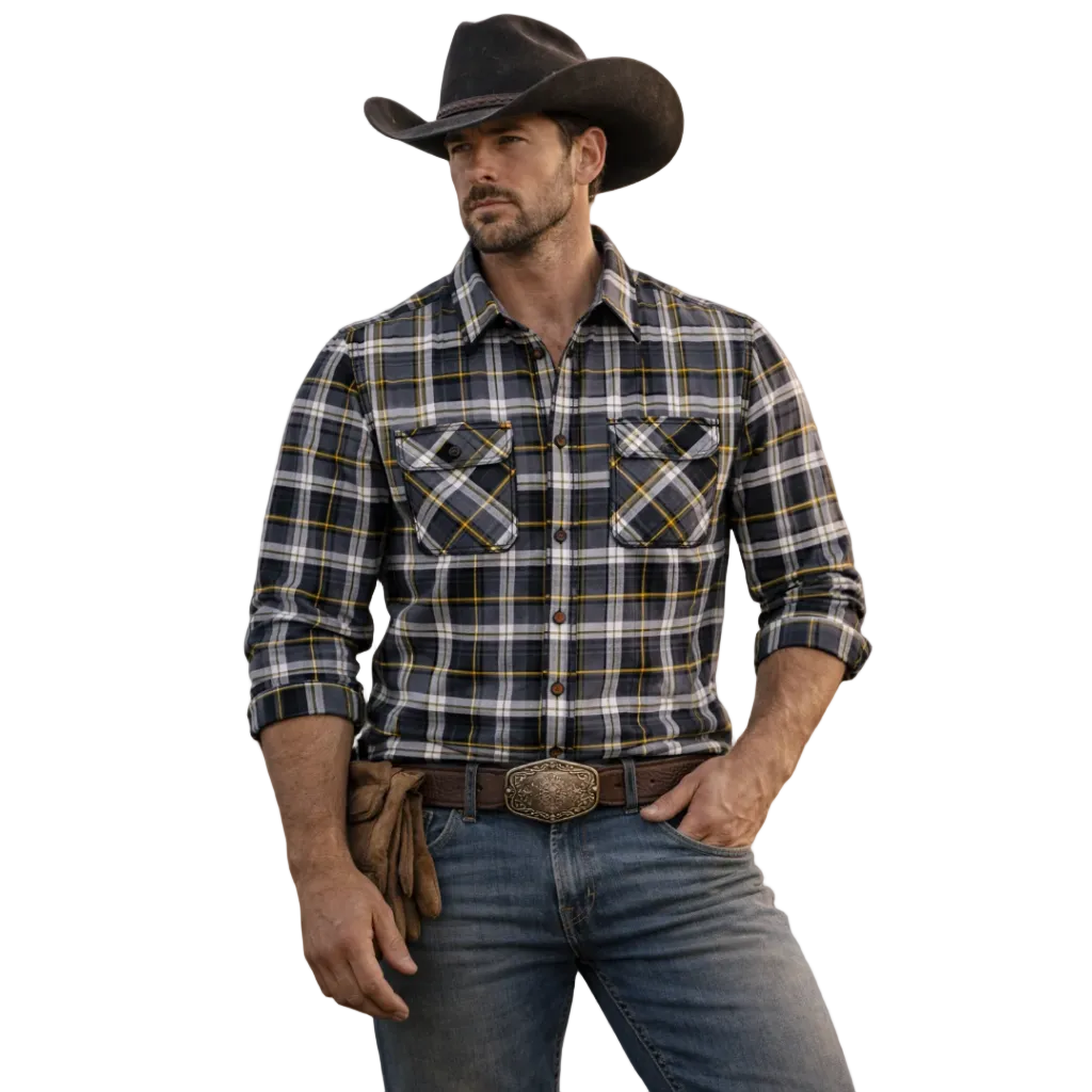 A man in a Ritemate Mens Pilbara Open Front L/S Flannelette Shirt (Black/Grey/White), jeans, black cowboy hat, and a decorative belt stands with one hand on his hip and gloves tucked into his belt.