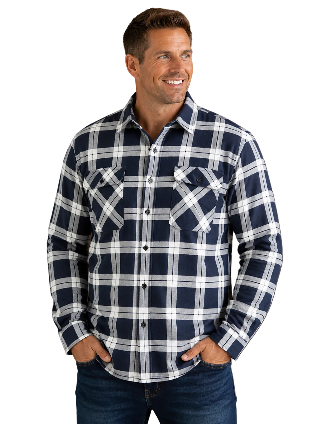 Ritemate Mens Pilbara Open Front L/S Flannelette Shirt (RM123SOF) Navy/White