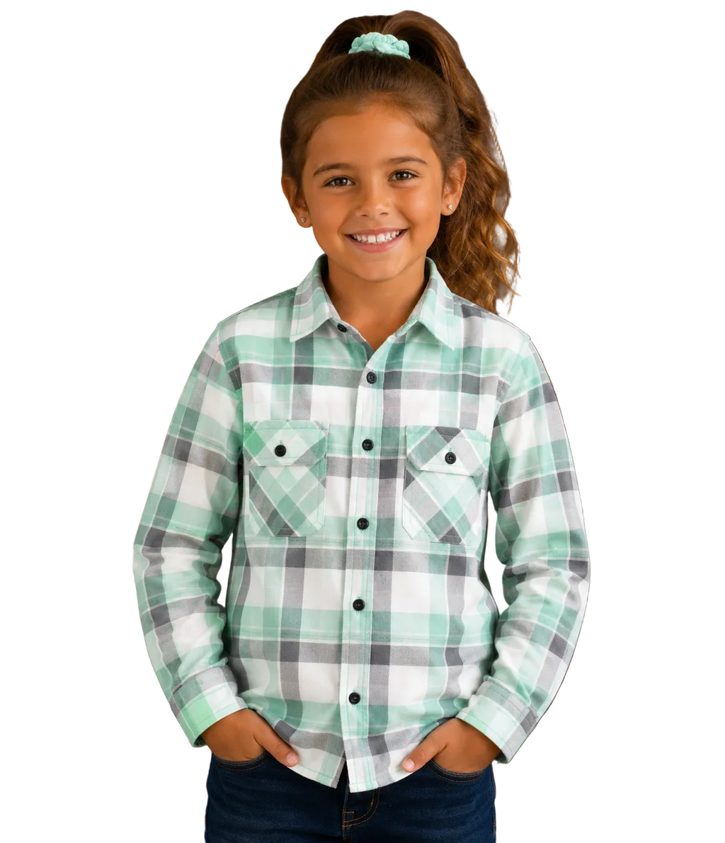 Ritemate Childrens Pilbara Open Front L/S Flannelette Shirt (RM123KOF) Beach Glass/Grey/White