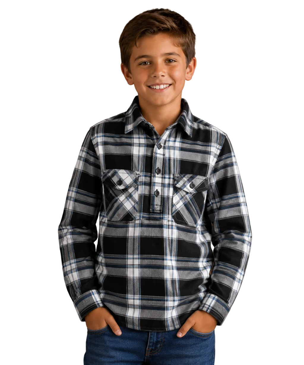 Ritemate Childrens Pilbara Closed Front L/S Flannelette Shirt (RM123KCF) Black/Grey/White