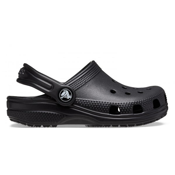 A black Crocs Children's Classic Clogs (206991-001) shown from a side view on a plain white background.