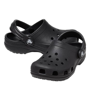 A pair of black Crocs Children's Classic Clogs (206991-001) shown on a plain white background, with the brand's circular logo visible on the side of each shoe.
