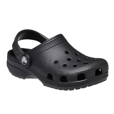 A black Crocs Children's Classic Clogs (206991-001) shown in a 3-4 front view on a plain white background.