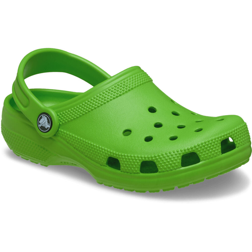 3-4 view of a Crocs Children's Classic Clog (206991-30T) in the colour Crocs Green on a white background.