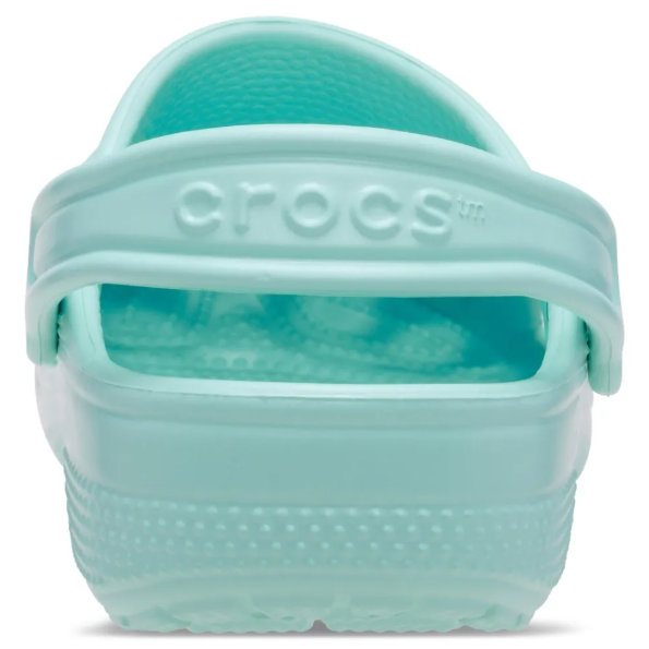 The heel of an aquamarine Crocs Children's Classic Clog (206991-4PD) on a white background.