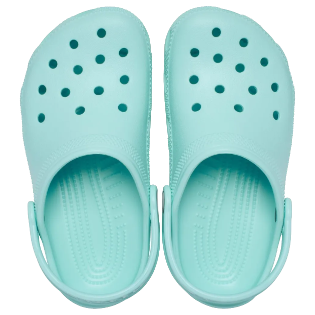 A pair of aquamarine Crocs Children's Classic Clog (206991-4PD) on a white background. shown from a top-down view on a plain white background.