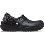 A side view of a black Crocs Children's Classic Fleece Lined Clog (212856-001) with fluffy dark grey faux-fur lining, shown on a clean white background.