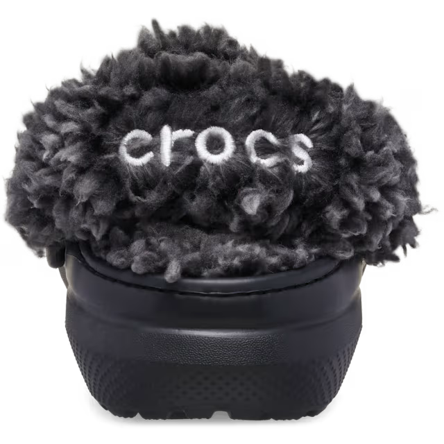 The heel of a black Crocs Children's Classic Fleece Lined Clog (212856-001) with fluffy dark grey faux-fur lining, shown on a clean white background.