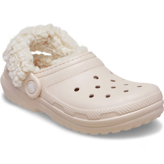 A quartz coloured Crocs Children's Classic Fleece Lined Clog (212856-6UR) with a fluffy cream sherpa lining visible at the opening and on the heel, shown on a clean white background.