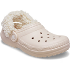 A quartz coloured Crocs Children's Classic Fleece Lined Clog (212856-6UR) with a fluffy cream sherpa lining visible at the opening and on the heel, shown on a clean white background.