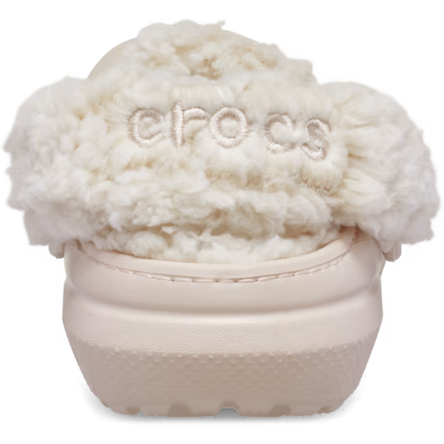 A single quartz coloured Crocs Children's Classic Fleece Lined Clog (212856-6UR) with a sherpa lining and strap shown from the heel on a white background.