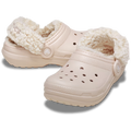 A pair of Crocs Children's Classic Fleece Lined Clogs (212856-6UR) in a quartz colour, featuring a plush cream sherpa lining inside and a matching textured strap with a circular logo button.