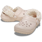 A pair of Crocs Children's Classic Fleece Lined Clogs (212856-6UR) in a quartz colour, featuring a plush cream sherpa lining inside and a matching textured strap with a circular logo button.