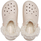A pair of Crocs Children's Classic Fleece Lined Clogs (212856-6UR) in a quartz colour, featuring a plush cream sherpa lining inside and a matching textured strap with a circular logo button.