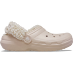 A quartz coloured Crocs Children's Classic Fleece Lined Clog (212856-6UR) featuring a plush cream sherpa lining and strap with a circular logo button, shown in a side profile on a white background.