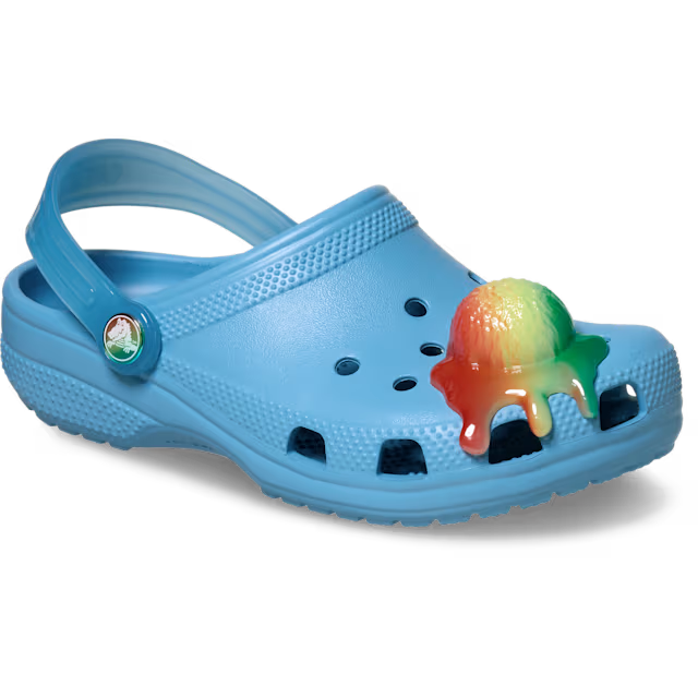 Elite Blue Crocs Children's Classic Scented Snow Cone Clog (213181-5DU) with a colourful snow cone decoration on a white background.