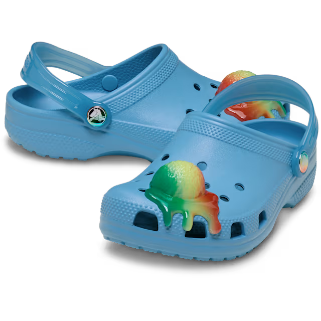 Elite Blue Crocs Children's Classic Scented Snow Cone Clogs (213181-5DU) with a colourful snow cone decoration on a white background.