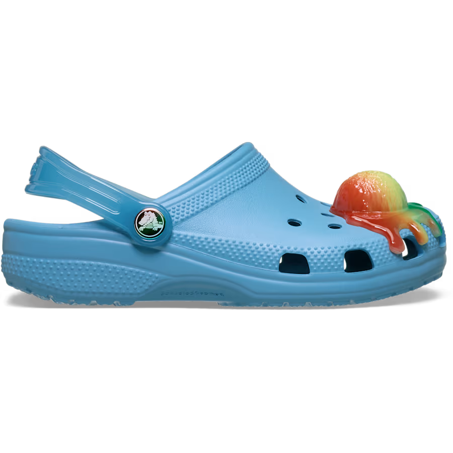 Elite Blue Crocs Children's Classic Scented Snow Cone Clogs (213181-5DU) with a colourful snow cone decoration on a white background.