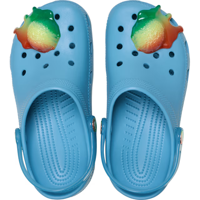 Elite Blue Crocs Children's Classic Scented Snow Cone Clogs (213181-5DU) with a colourful snow cone decoration on a white background.