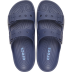 A pair of navy blue Crocs Men's Saturday Sandals (212245-410) double-strap slide sandals shown from a top-down view on a plain white background.